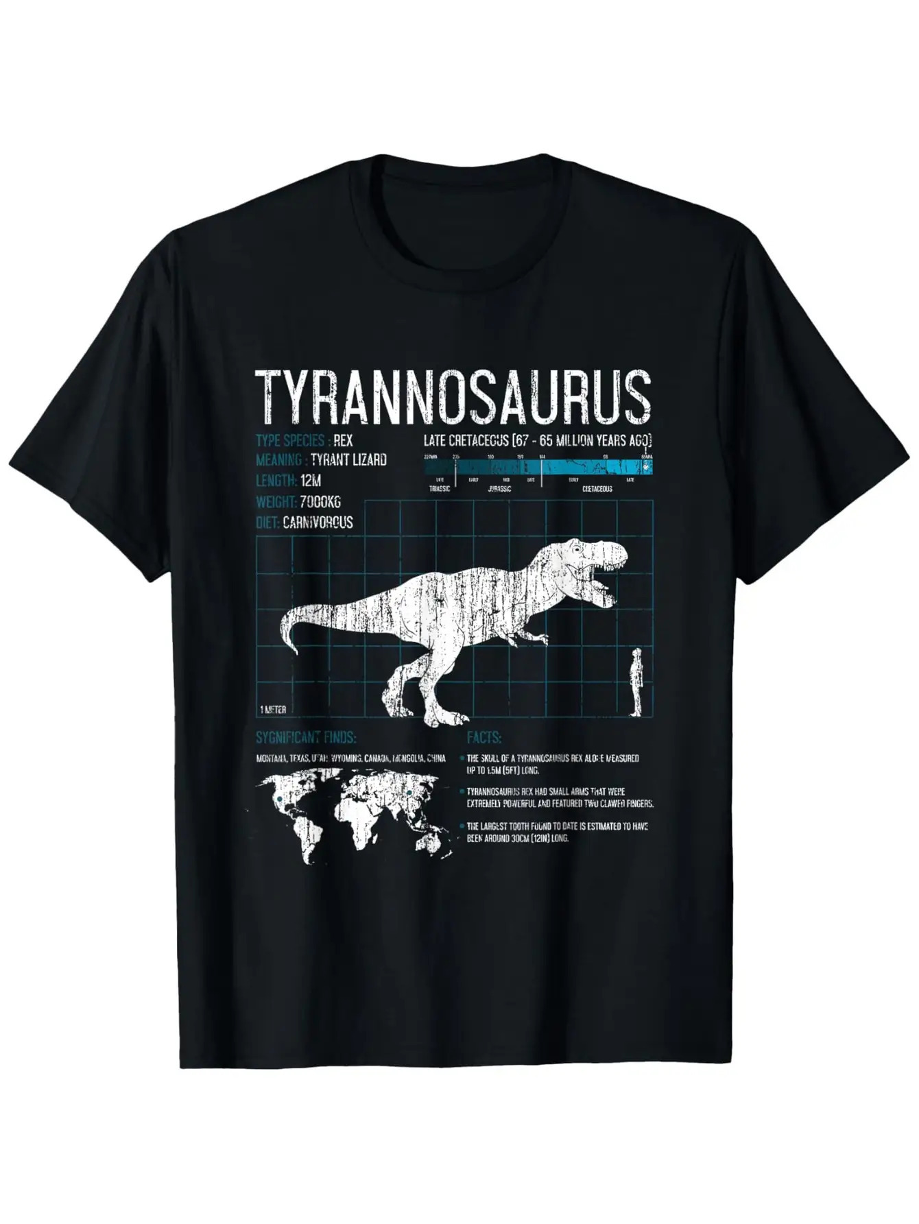 Men's Graphic T-Shirt Tyrannosaurus Facts Infographic With Dinosaur Silhouette And Fossil Map Tyrannosaurus