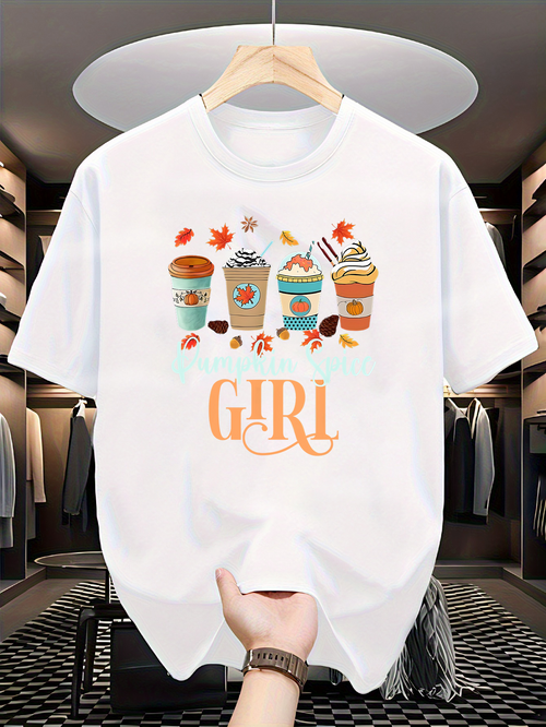 Men's Graphic T-Shirt Colorful Autumn Drinks With Falling Leaves And Whipped Cream Girl