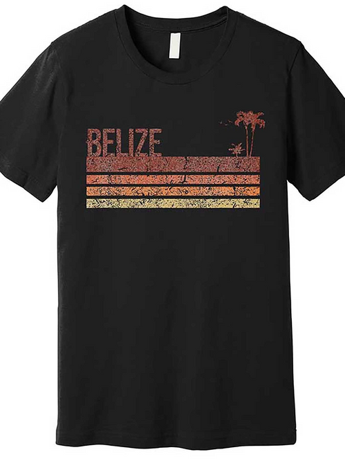 Men's Graphic T-Shirt Belize Sunset Stripes With Faded Vintage Effect And Palm Trees Silhouette