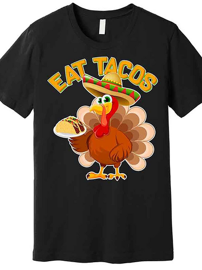 Men's Graphic T-Shirt Eat Tacos Festive Turkey With Sombrero Holding Delicious Taco