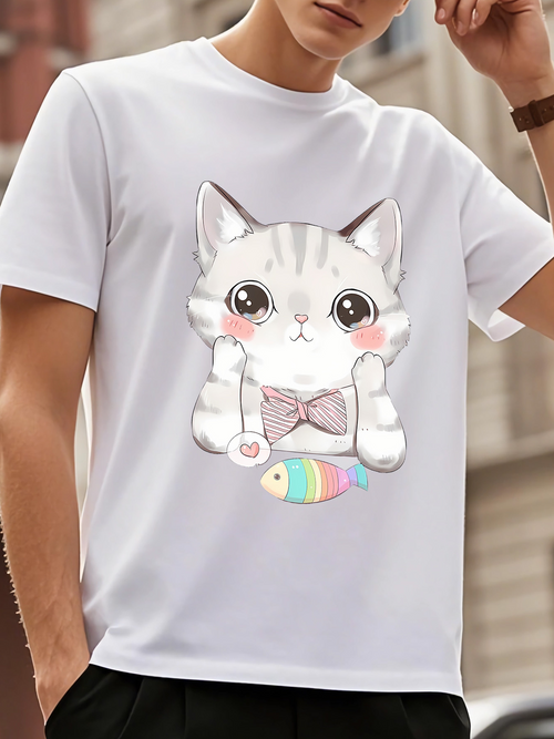 Men's Graphic T-Shirt Adorable Striped Kitten With Pink Cheeks Bowtie And Colorful Fish Cat