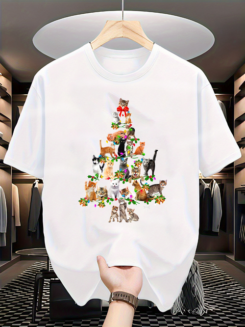 Men's Graphic T-Shirt Cute Playful Kittens Stacked Like A Festive Holiday Tree