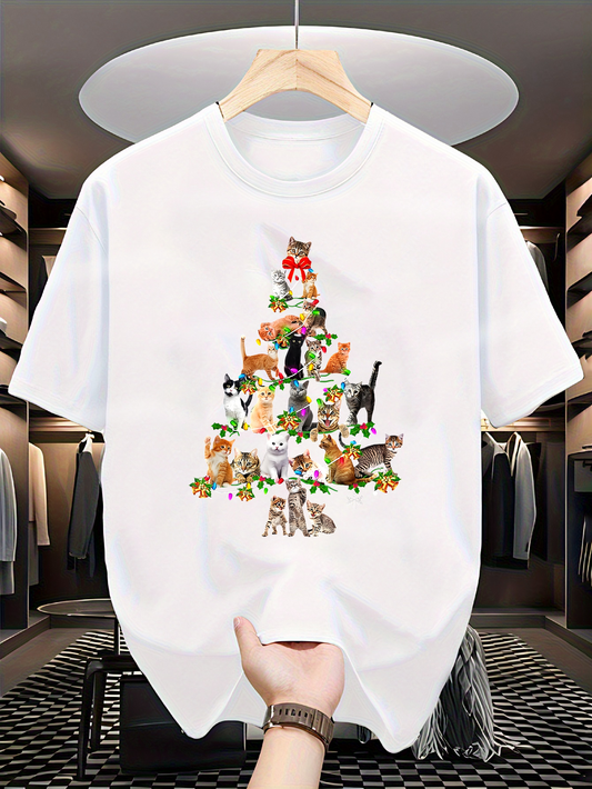 Men's Graphic T-Shirt Cute Playful Kittens Stacked Like A Festive Holiday Tree