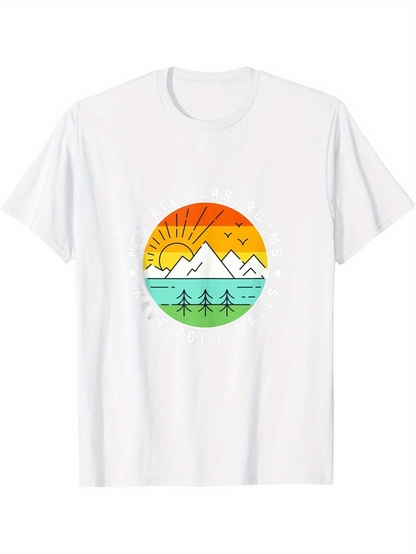 Men's Graphic T-Shirt Colorful Sunset Over Snowy Mountains With Birds And Pine Tree Forest