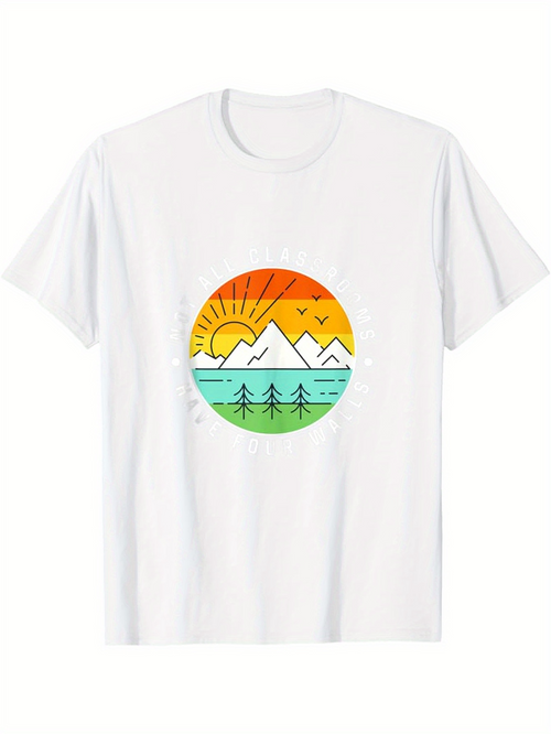 Men's Graphic T-Shirt Colorful Sunset Over Snowy Mountains With Birds And Pine Tree Forest