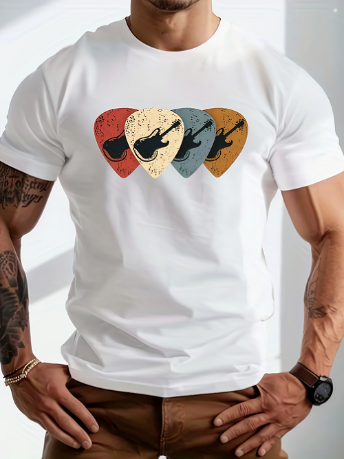 Men's Graphic T-Shirt Retro Guitar Picks In Vibrant Earth Tones Under Distressed Texture