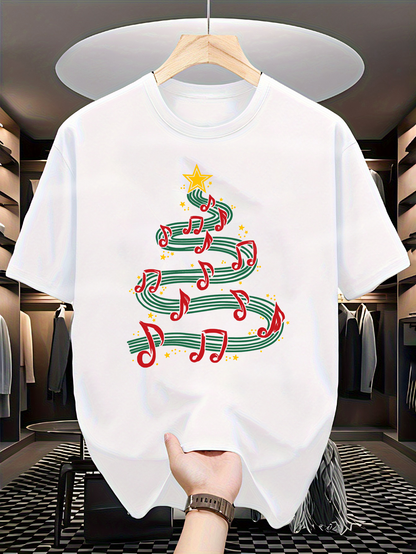 Men's Graphic T-Shirt Red Notes Dancing Around Festive Swirled Christmas Tree