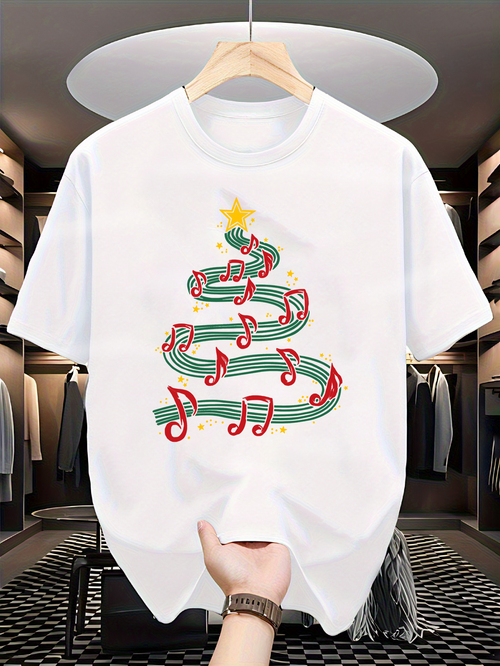Men's Graphic T-Shirt Red Notes Dancing Around Festive Swirled Christmas Tree