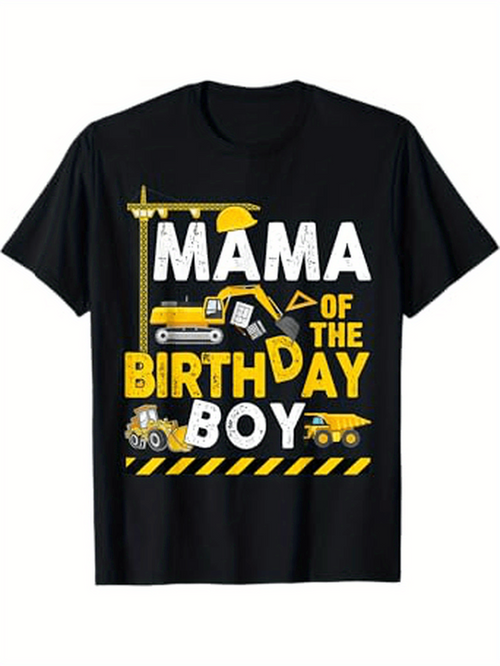 Men's Graphic T-Shirt Mama Of The Birthday Boy With Playful Construction Trucks And Traffic Signs Under Yellow Helmet