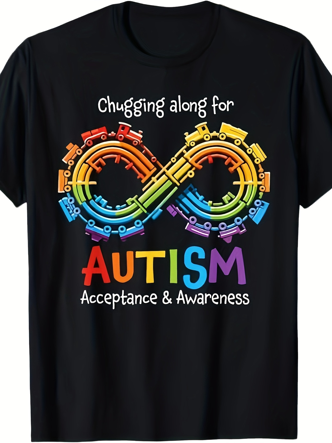 Men's Graphic T-Shirt Chugging Along Colorful Trains Forming Infinity Symbol Autism