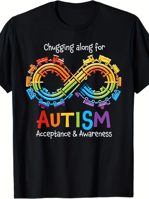 Men's Graphic T-Shirt Chugging Along Colorful Trains Forming Infinity Symbol Autism
