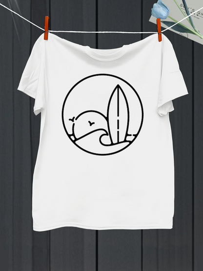 Men's Graphic T-Shirt Minimal Line Art With Birds Sun And Surfboard