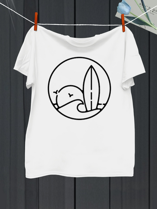 Men's Graphic T-Shirt Minimal Line Art With Birds Sun And Surfboard