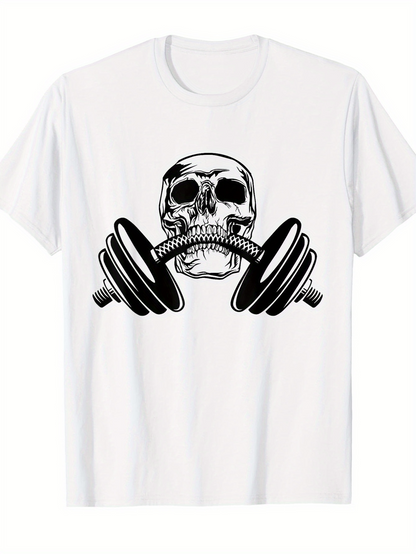 Men's Graphic T-Shirt Edgy Artistic Skull With Grunge Barbells Centered On Crisp White Shirt Skull