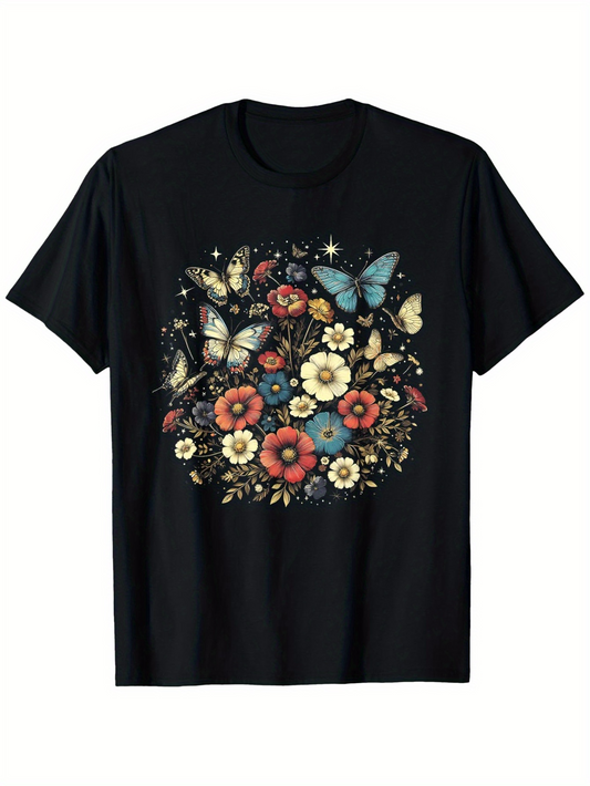 Men's Graphic T-Shirt Vintage Butterflies Resting Among Colorful Wild Meadow Flowers