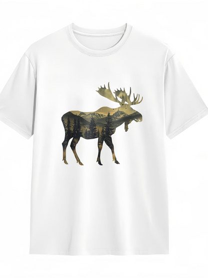 Men's Graphic T-Shirt Golden Forest Silhouette With Majestic Landscape Hidden Inside Moose
