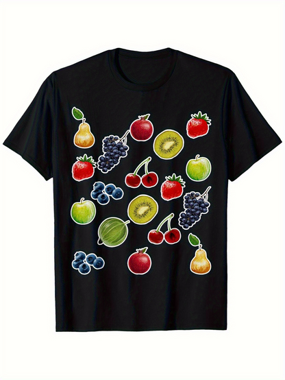 Men's Graphic T-Shirt Colorful Assorted Juicy Fruits Pattern On Fresh Tasty Black T Shirt