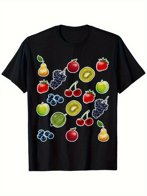 Men's Graphic T-Shirt Colorful Assorted Juicy Fruits Pattern On Fresh Tasty Black T Shirt