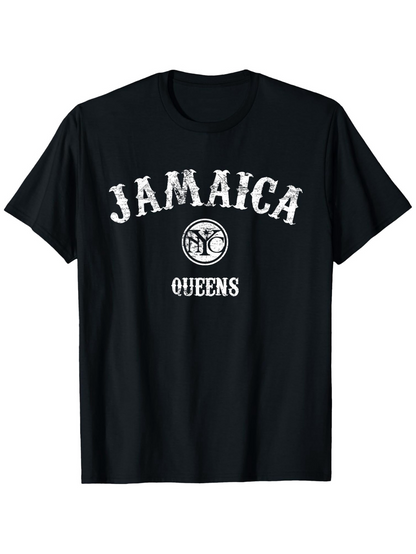 Men's Graphic T-Shirt Distressed Jamaica Queens New York College Style Typography Shirt