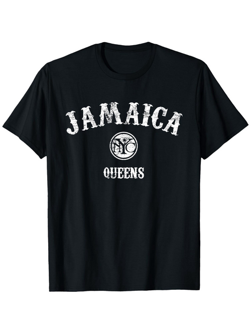 Men's Graphic T-Shirt Distressed Jamaica Queens New York College Style Typography Shirt