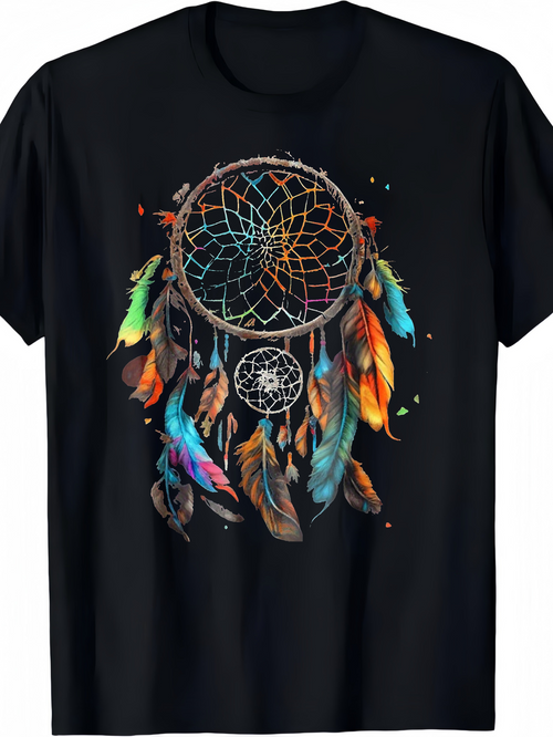 Men's Graphic T-Shirt Colorful Feathers Hanging Under Intricate Handcrafted Dream Catcher