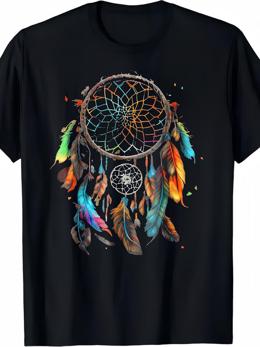Men's Graphic T-Shirt Colorful Feathers Hanging Under Intricate Handcrafted Dream Catcher