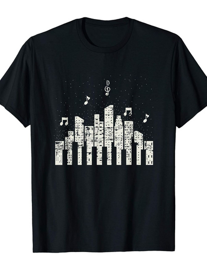Men's Graphic T-Shirt Urban Night Skyline With Musical Notes And Tall City Buildings