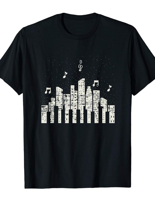Men's Graphic T-Shirt Urban Night Skyline With Musical Notes And Tall City Buildings