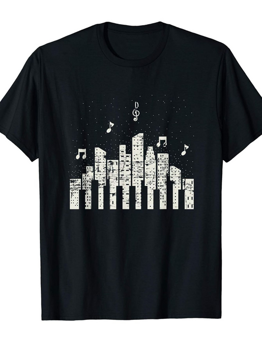 Men's Graphic T-Shirt Urban Night Skyline With Musical Notes And Tall City Buildings