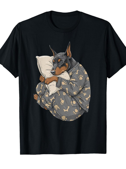 Men's Graphic T-Shirt Whimsical Pajama Pattern Slumbering Comfort With Pillow Hugging Dog