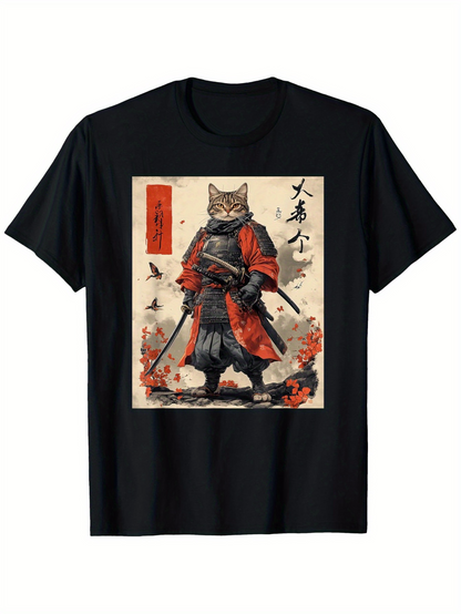 Men's Graphic T-Shirt Traditional Japanese Red Warrior Costume With Katana Sword Samurai Cat