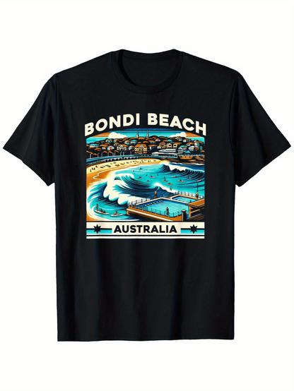 Men's Graphic T-Shirt Bondi Beach Rolling Waves With Surfers And Golden Coastline Australia