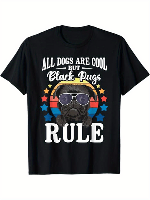 Men's Graphic T-Shirt All Dogs Are Cool But Black Pugs Rule Retro Glasses Stars Black Pug