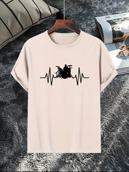 Men's Graphic T-Shirt Heartbeat Sound Waves With Drum Set Silhouette Center Stage