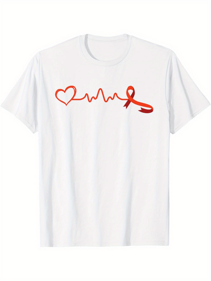 Men's Graphic T-Shirt Heartbeat With Red Ribbon And Love Symbol Line Art