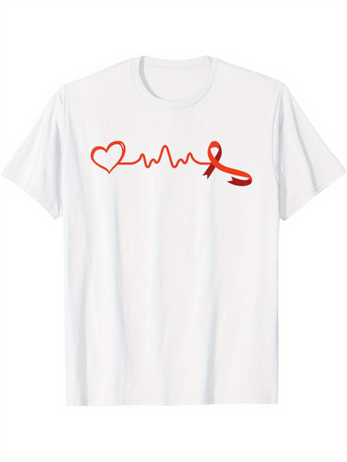 Men's Graphic T-Shirt Heartbeat With Red Ribbon And Love Symbol Line Art