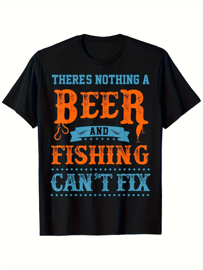 Men's Graphic T-Shirt Theres Nothing A Beer And Fishing Cant Fix Bright Lettering Over Black Short Sleeve T Shirt