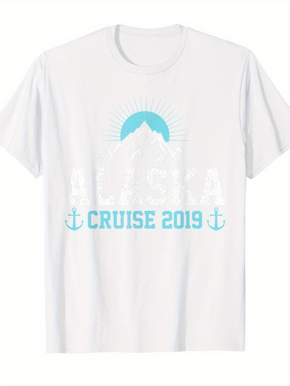 Men's Graphic T-Shirt Cruise 2019 Blue Anchors With Mountains And Sun Alaska