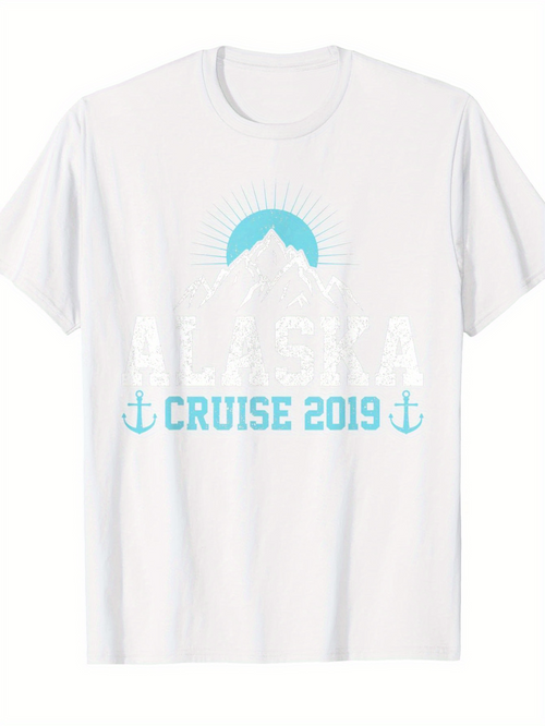 Men's Graphic T-Shirt Cruise 2019 Blue Anchors With Mountains And Sun Alaska