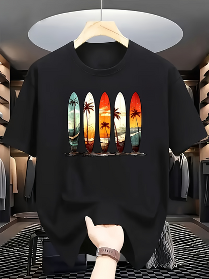 Men's Graphic T-Shirt Sunset Palm Beach Reflections On Vibrant Surfboard Silhouettes Under Tropical Skies Surfboard