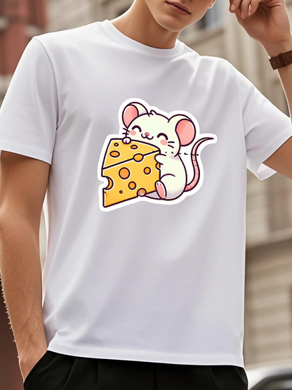 Men's Graphic T-Shirt Happy Cartoon Mouse With Cheese Holding A Chunk Of Cheese Mouse