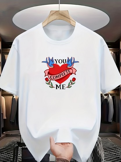 Men's Graphic T-Shirt You Complete Me Blue Swallows Over Red Heart Surrounded By Green Leaves