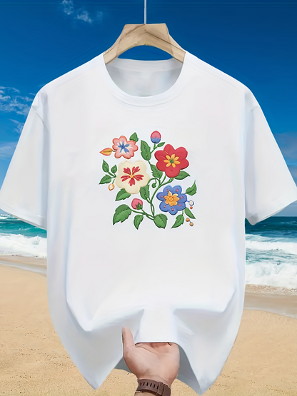 Men's Graphic T-Shirt Vibrant Blooming Spring Flowers With Green Leaves At Center Floral Pattern
