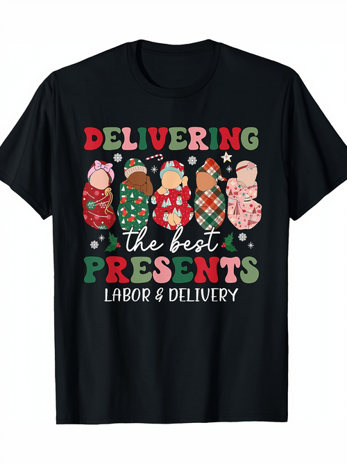 Men's Graphic T-Shirt Delivering The Best Presents Wrapped Babies On Holiday Background
