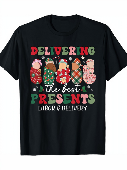 Men's Graphic T-Shirt Delivering The Best Presents Wrapped Babies On Holiday Background