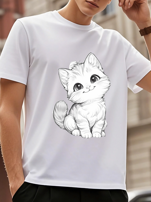 Men's Graphic T-Shirt Fluffy Whiskered Kitten Sitting With Big Sparkling Eyes Cat