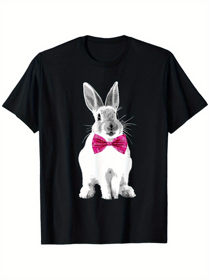 Men's Graphic T-Shirt Elegant Rabbit With Vibrant Pink Bow Tie And Soft Black Fur Bunny