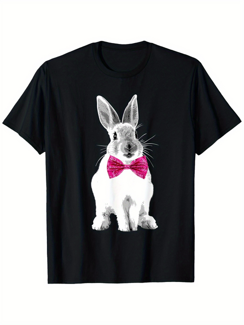 Men's Graphic T-Shirt Elegant Rabbit With Vibrant Pink Bow Tie And Soft Black Fur Bunny