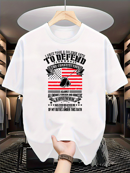 Men's Graphic T-Shirt American Pride Red Striped Banner With Text And Soldier Helmet
