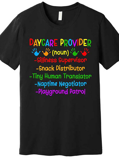 Men's Graphic T-Shirt Daycare Provider Colorful Funny Words With Little Handprints Black T Shirt